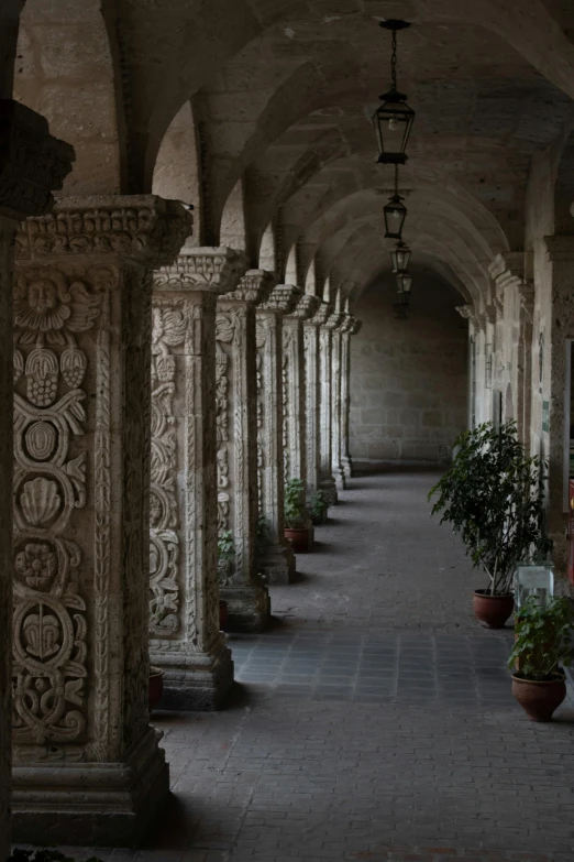 a long hallway lined with marble pillars and plants