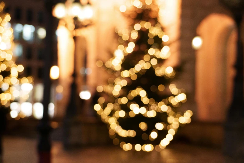 a christmas tree is in the middle of the street