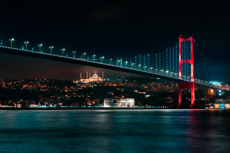 a bridge over water with city lights in the background