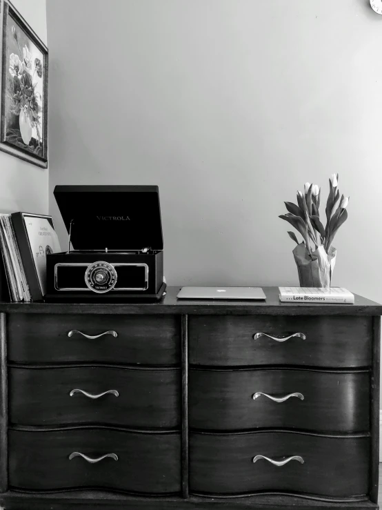 a wooden dresser with drawers, a computer, and a plant