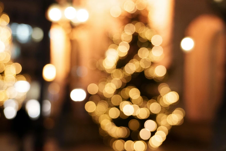 blurred christmas lights and a tree on a street