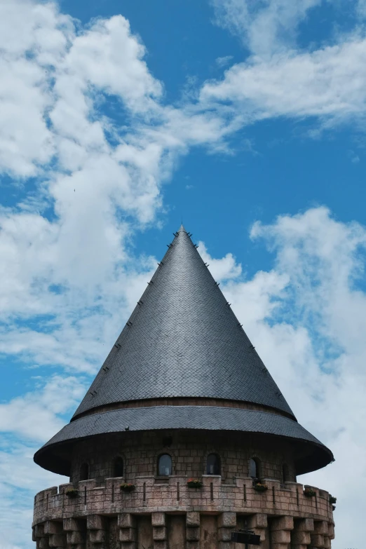 a building is under a cloudy blue sky