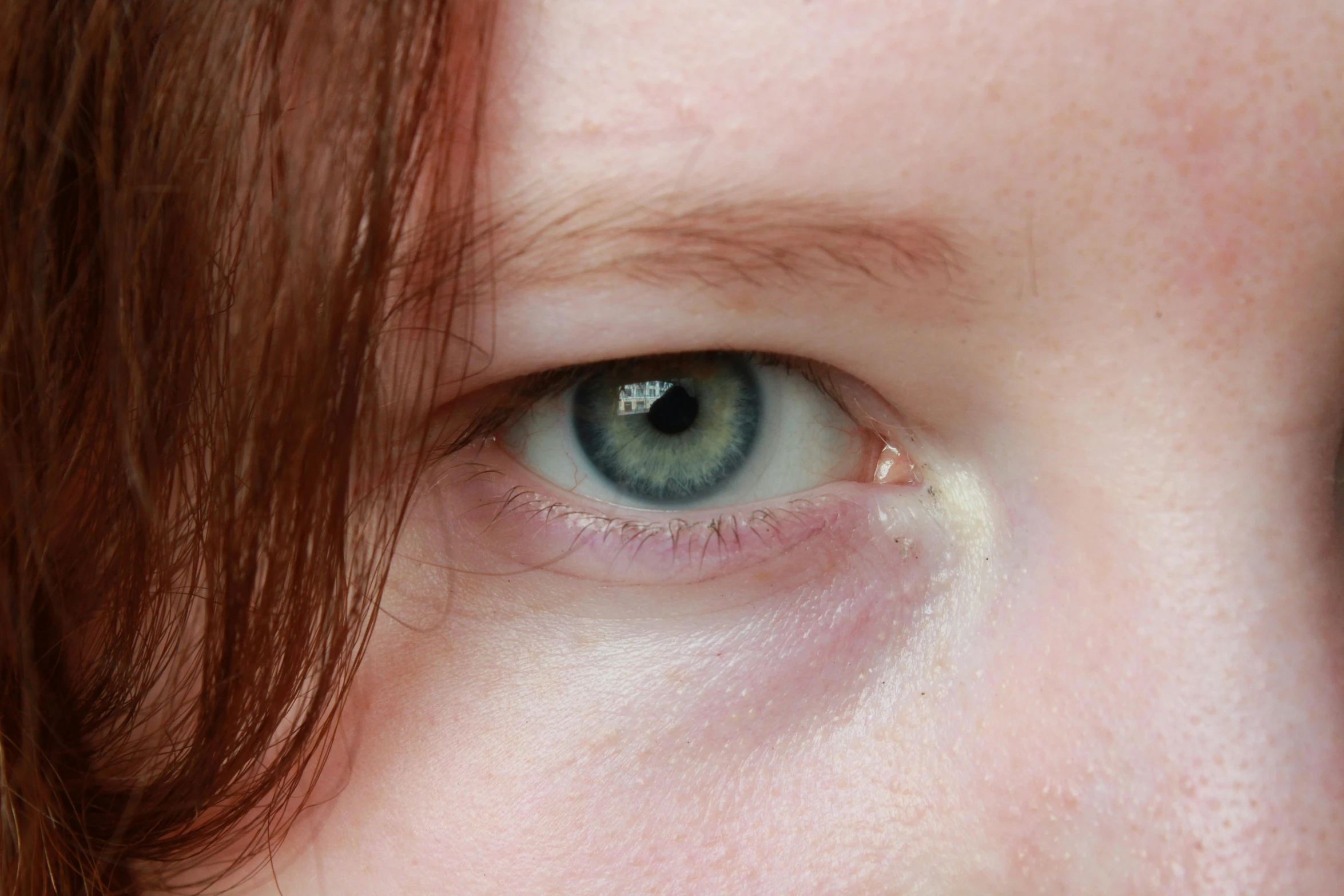 an eye view of a young red haired woman