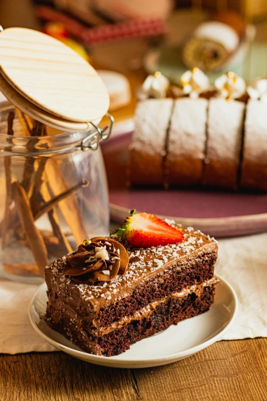 two pieces of chocolate cake sit on a plate