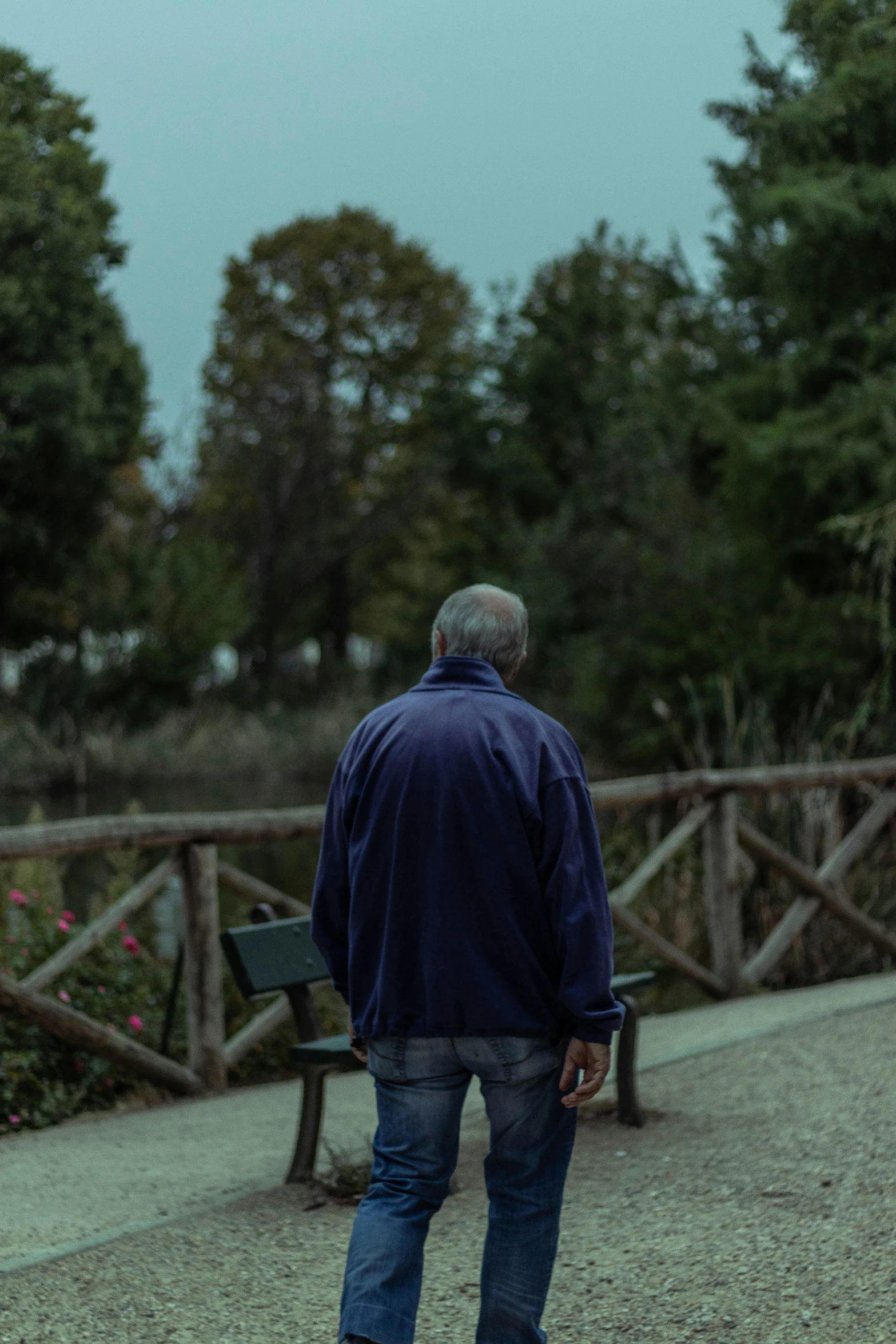 a man walking away from the camera on a cloudy day