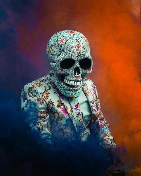 a person in a skeleton suit sitting with their face up