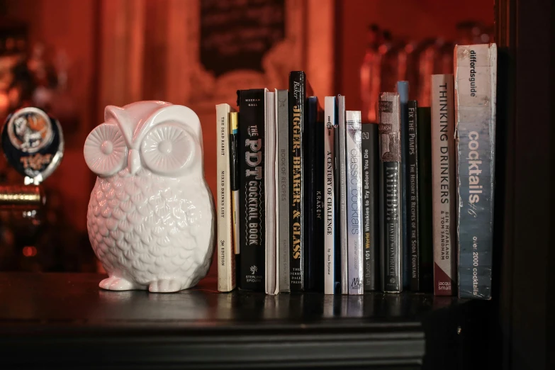 an owl figurine sits on top of books
