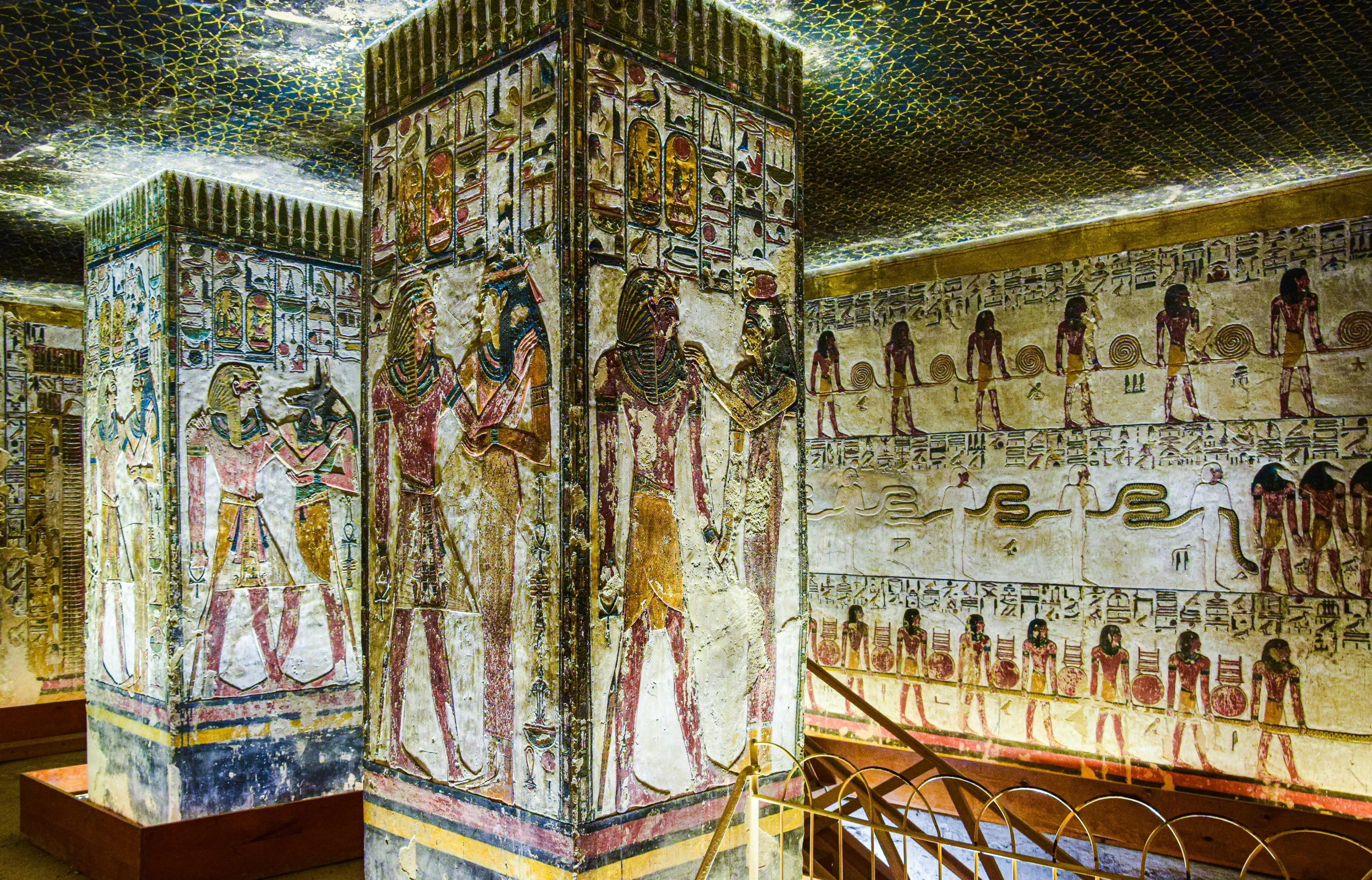 several egyptian paintings in an ancient temple