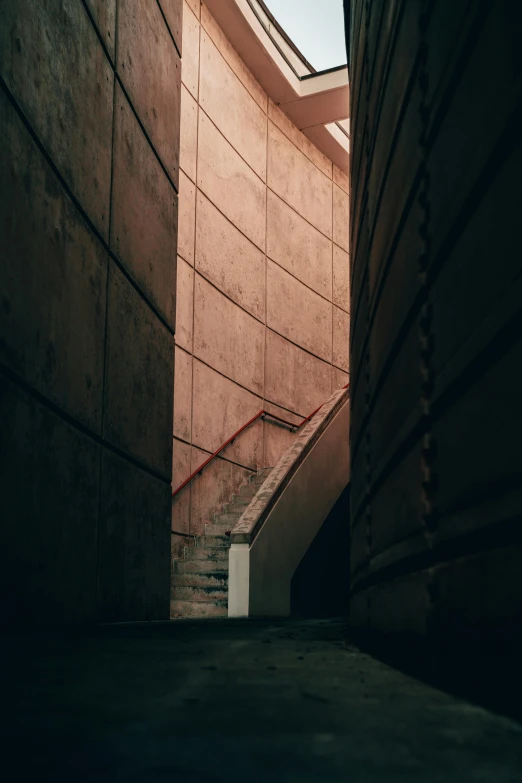 an empty stairway going between two buildings