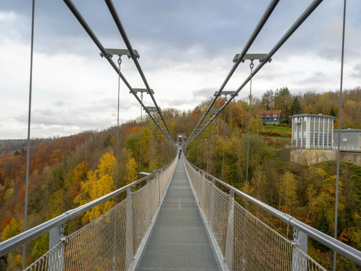 an overhead walkway going through the woods with buildings in the background