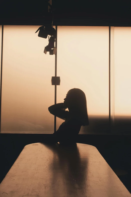 a silhouette of a girl sitting down looking out the window