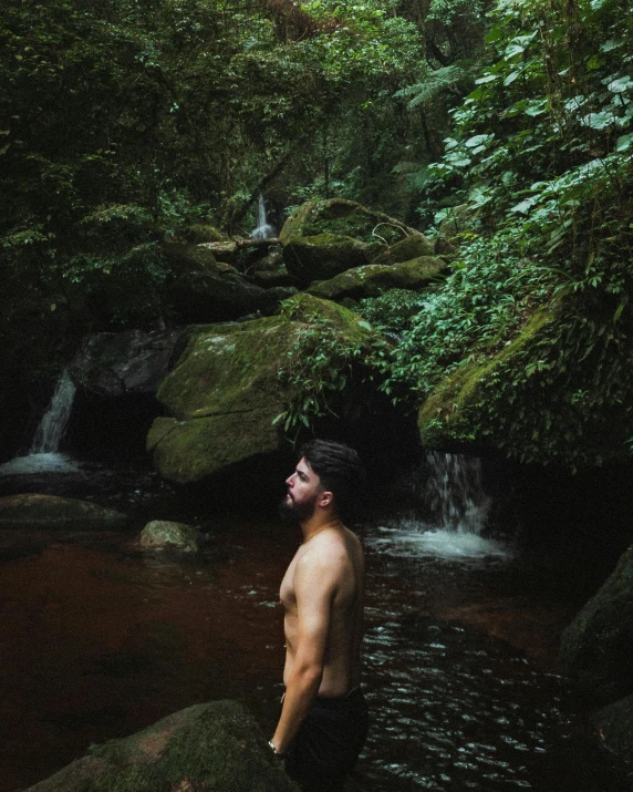a shirtless man standing in the middle of a waterfall