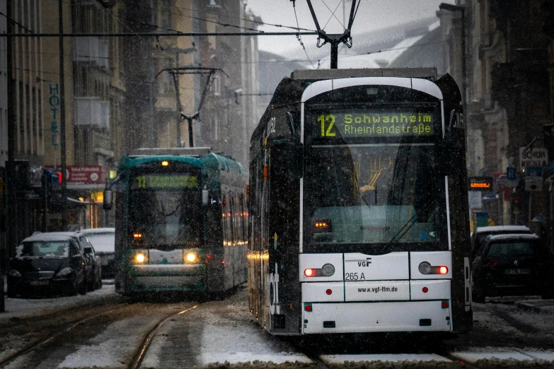 a city bus driving through a snowy traffic circle