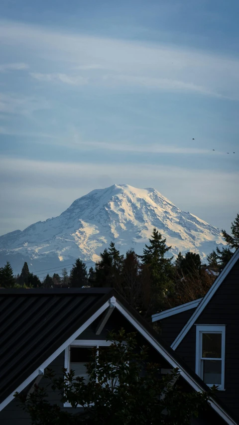 a view of a mountain in the distance from the roof of a house