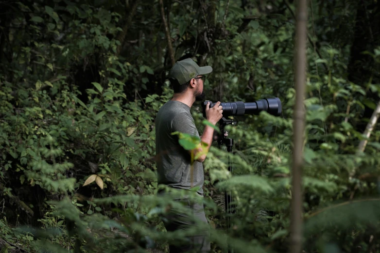 a man is walking through the woods with a camera