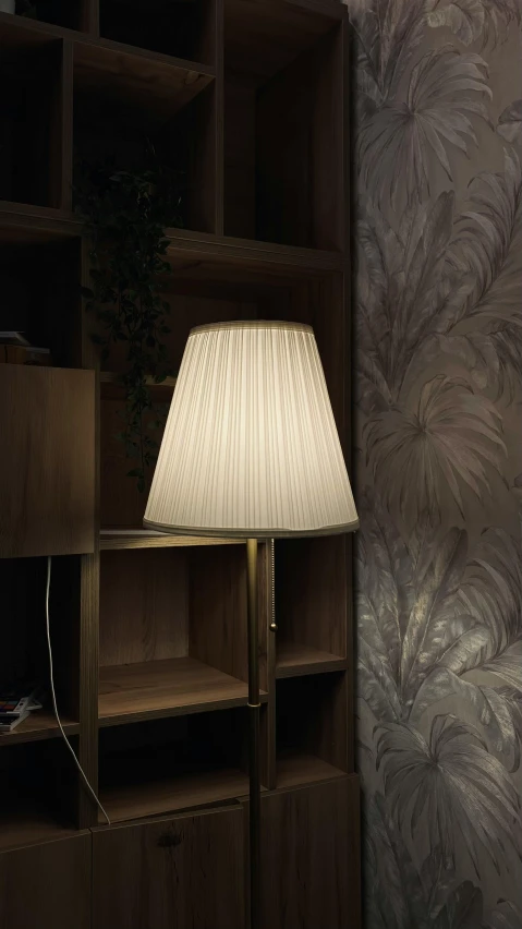 an empty lamp in a dark room with a floral wallpaper