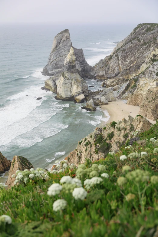 a cliff overlooking the ocean and beach on a cloudy day