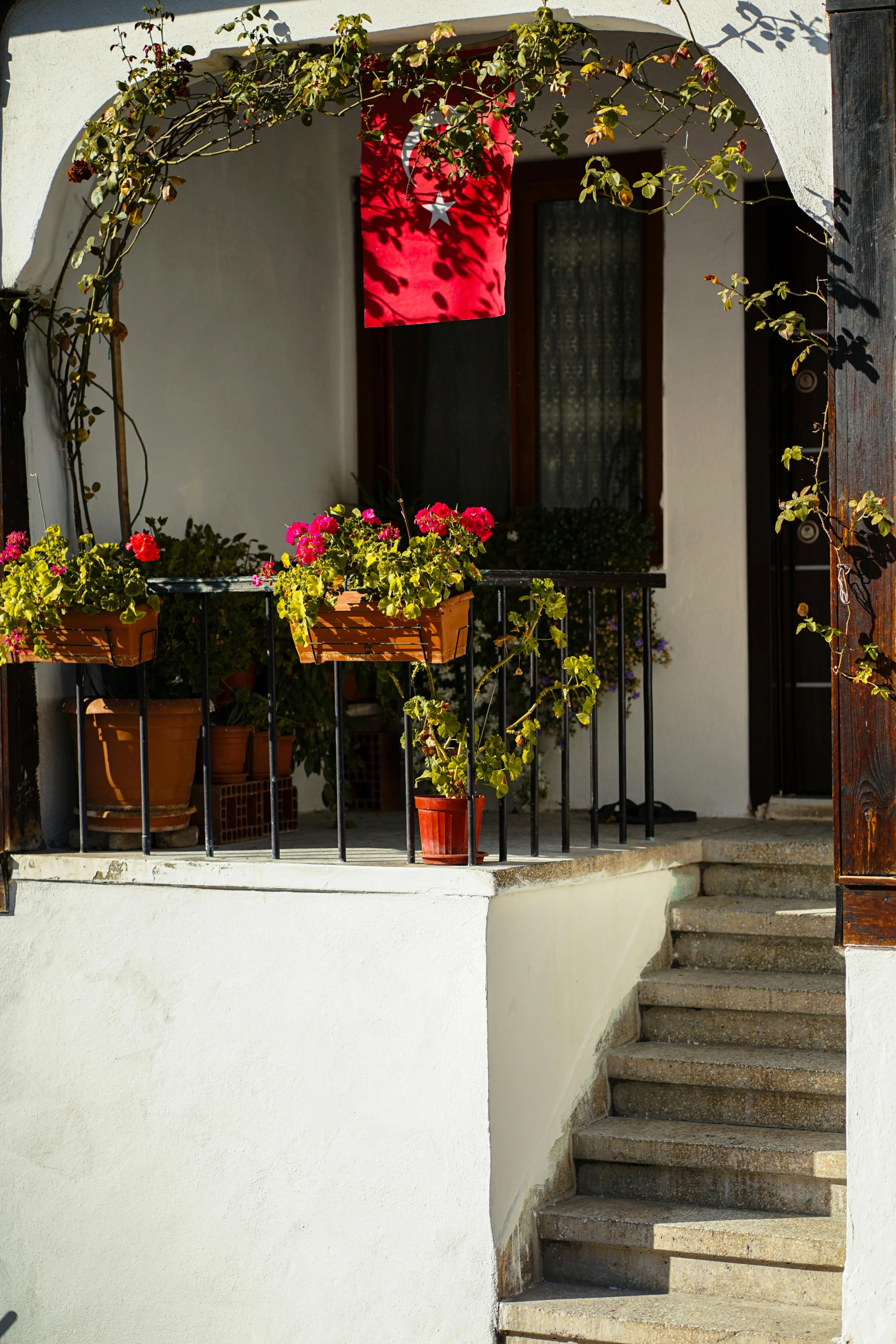 an outside area with steps, planters and railing