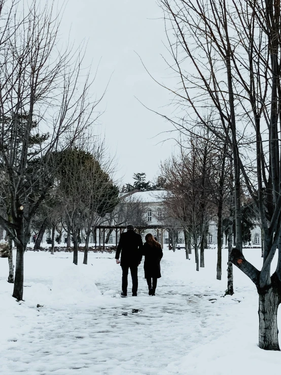 two people holding hands walking through the snow