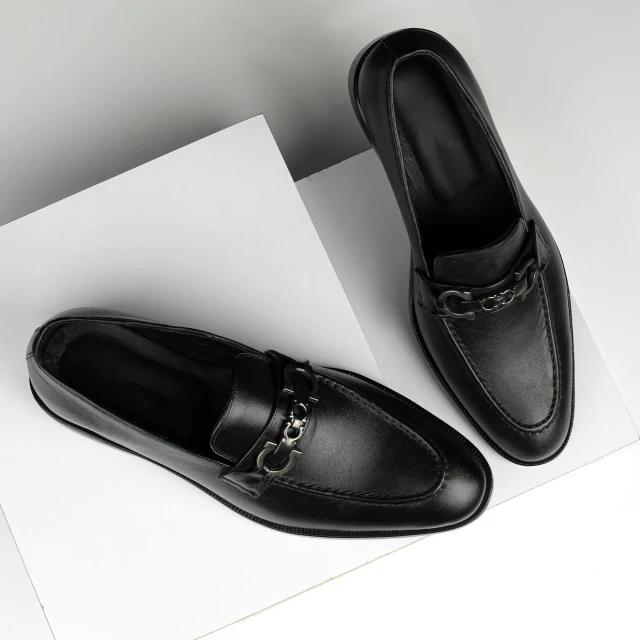 the black loafer has a metal logo on the side