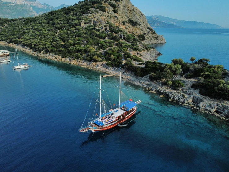 a sailboat in a body of water next to an island