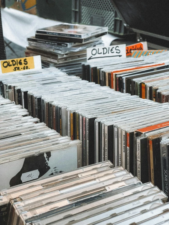 rows of old vinyl records stacked on display