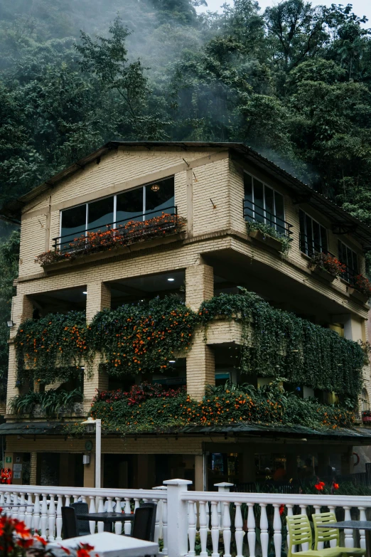 an exterior of a home with balcony, railing, and flowers on the balconies