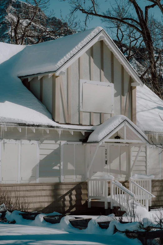 snow on the roof of a house with trees in background