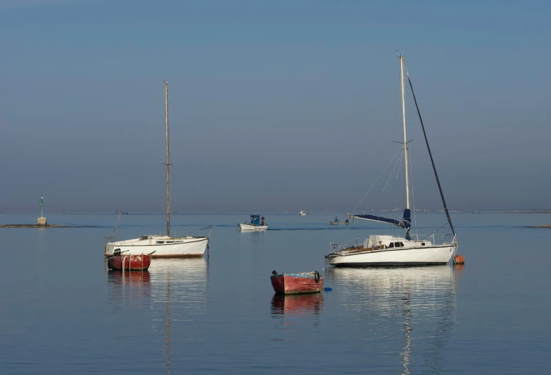 three boats on the water near the shore