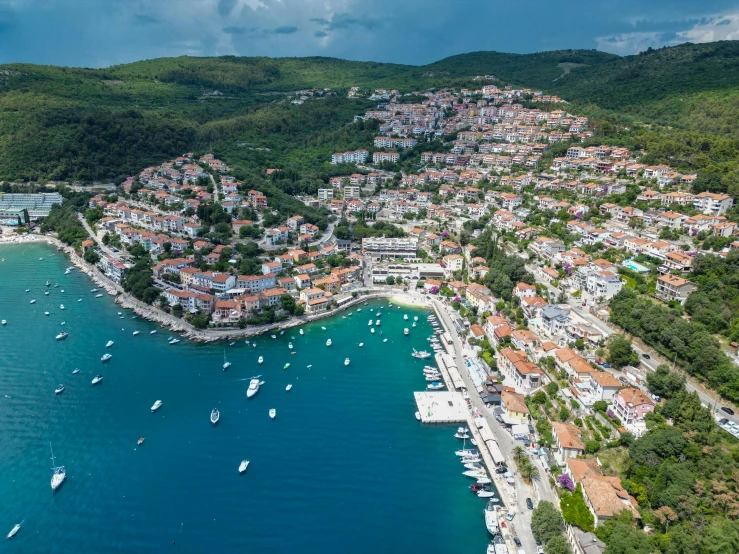 the aerial po shows boats docked at the harbor