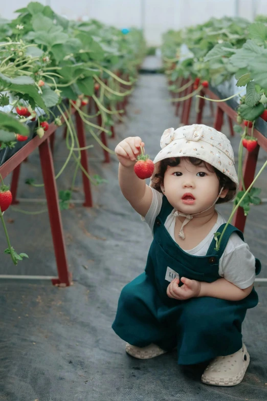 a little girl picking strawberries from the stem