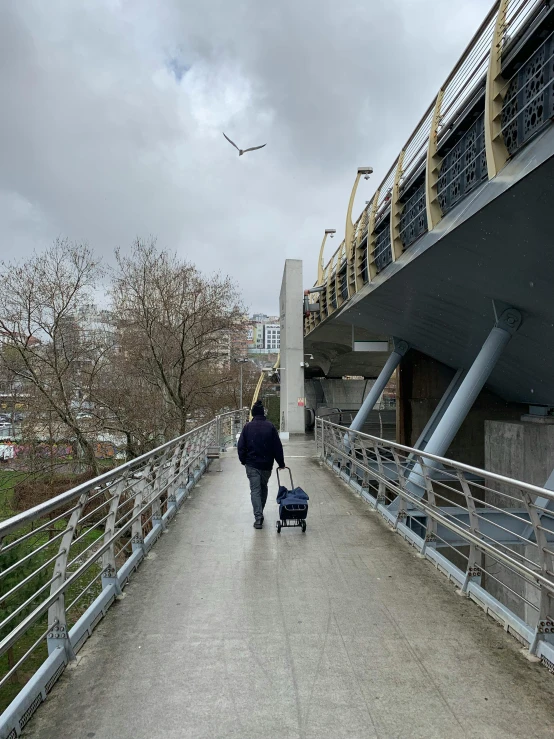 a man is walking down a walkway with luggage