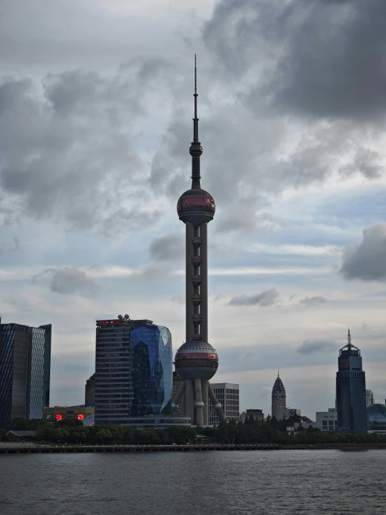 a view of cityscape, with the sky, buildings and clouds