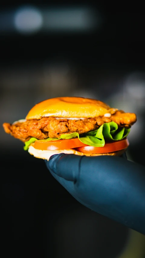 a hand is holding a fried burger that is half eaten