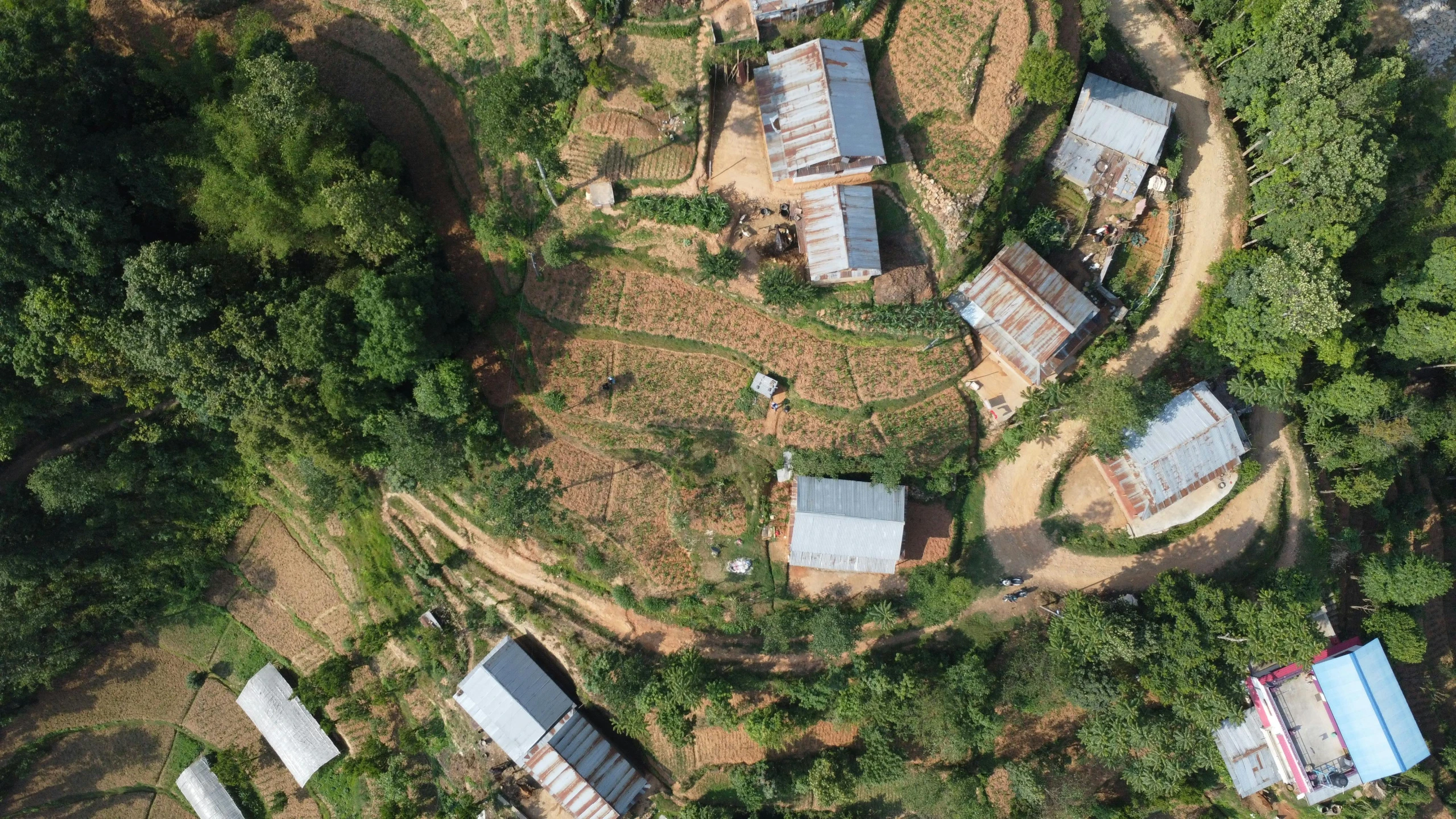 an aerial po of some small houses and trees