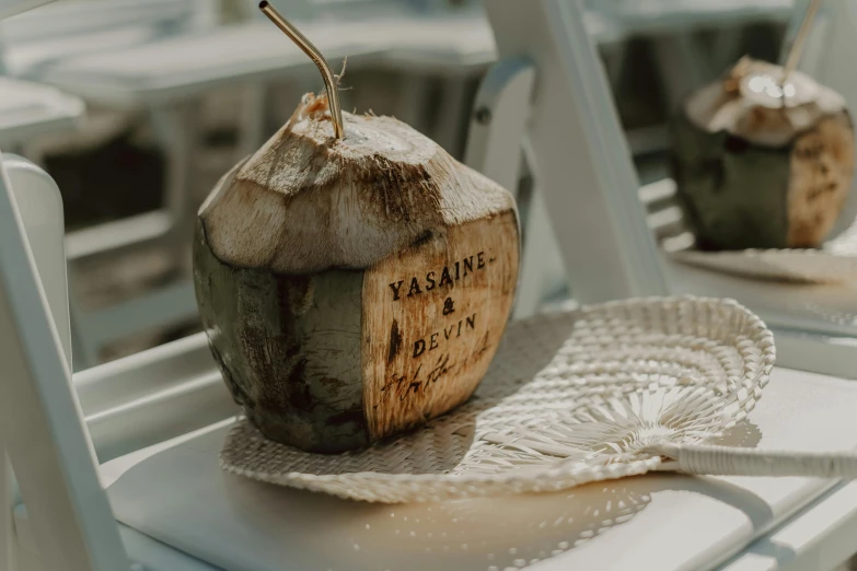 an old log is attached to the back of a white chair