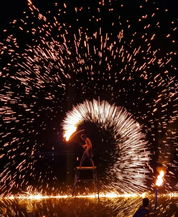 fireworks light up the night sky over water and trees