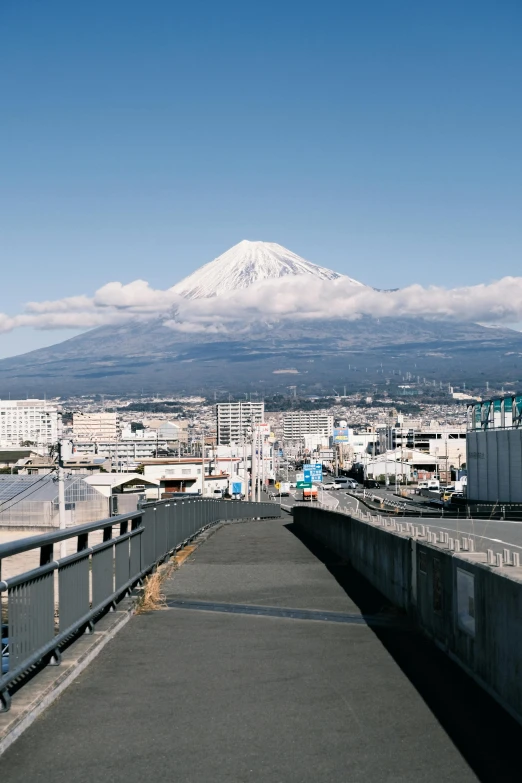 a road near buildings and a white snow capped mountain