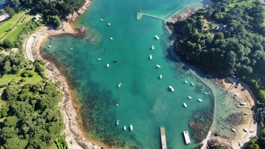 an aerial po of a bay, island and water