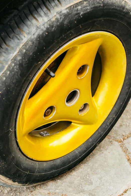 some shiny yellow wheels and rims for an automobile