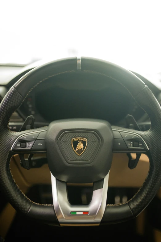 a car interior with a steering wheel and a seat