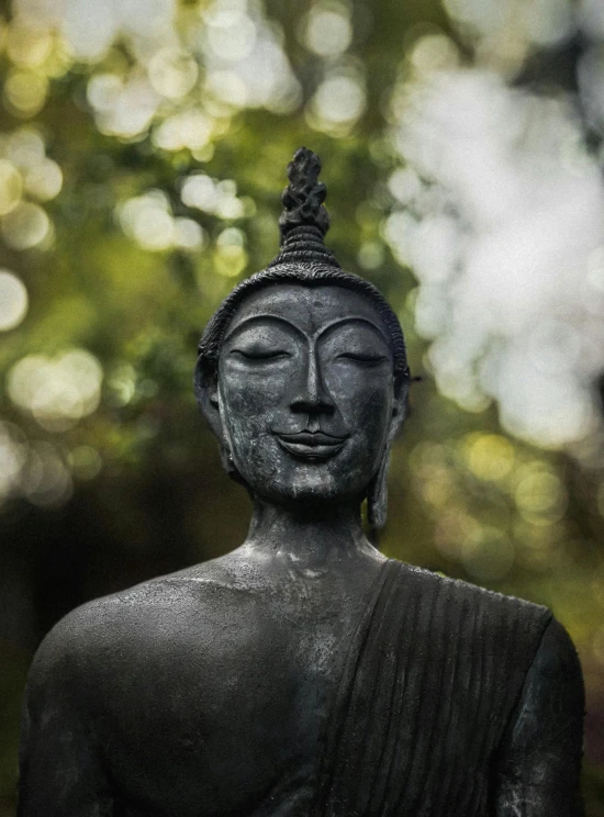 a buddha statue sitting outside next to a forest