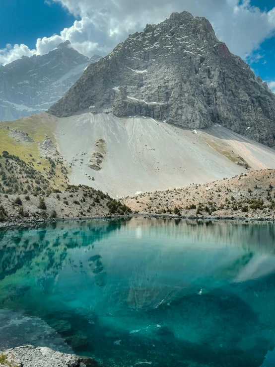 a mountain range and blue water with clear blue waters