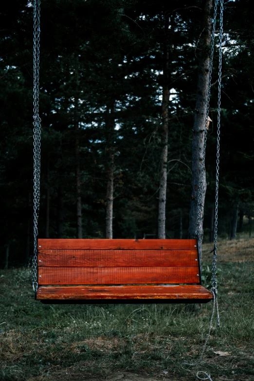 a red swing in the woods with chains hanging from the trees