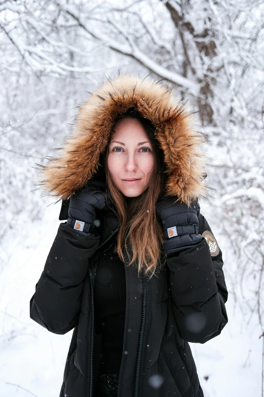 woman in parka with heavy jacket outside in winter