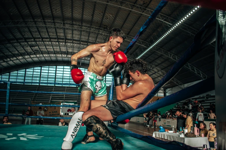 two people in shorts are boxing with each other