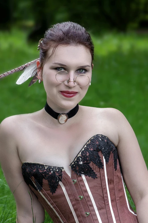 a woman in a corset wearing a pair of feather earrings