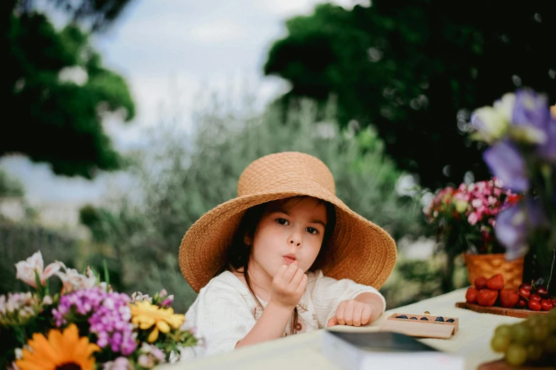 a girl with a hat looks up at the sky