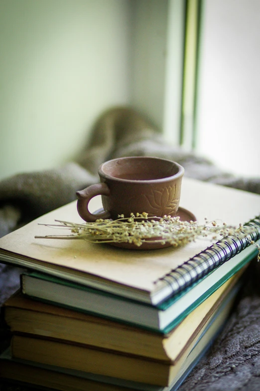 a stack of books sitting on top of a wooden table