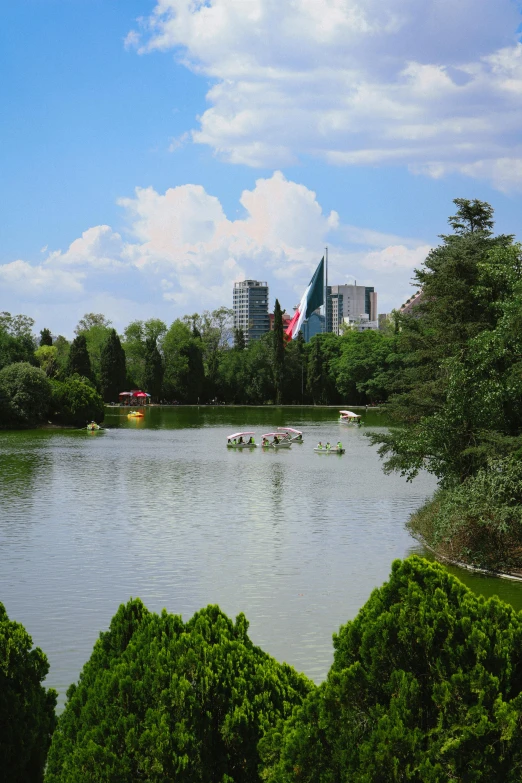 a lake surrounded by greenery and a few boats